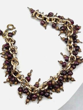 Vintage Gold-Tone Chain Bracelet With Dangling Red & Bronze Beads